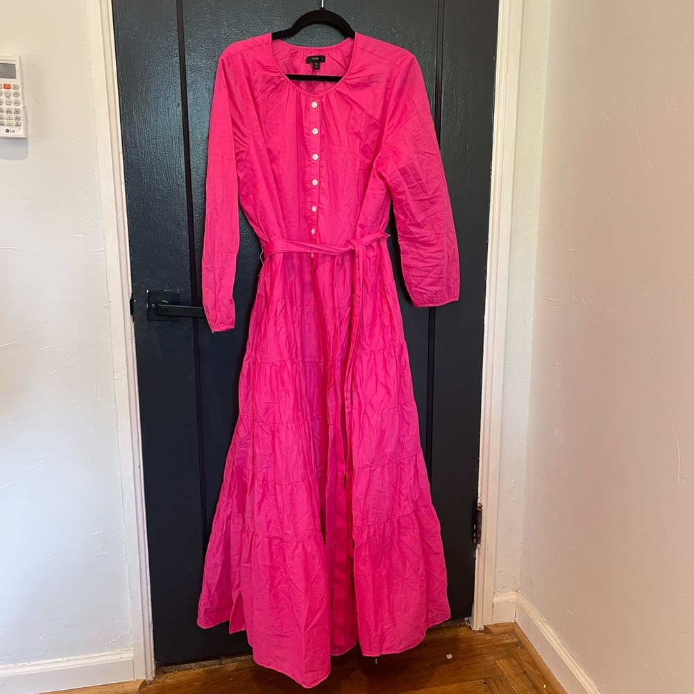 J.Crew Neon Flamingo Belted Button Up Maxi Dress